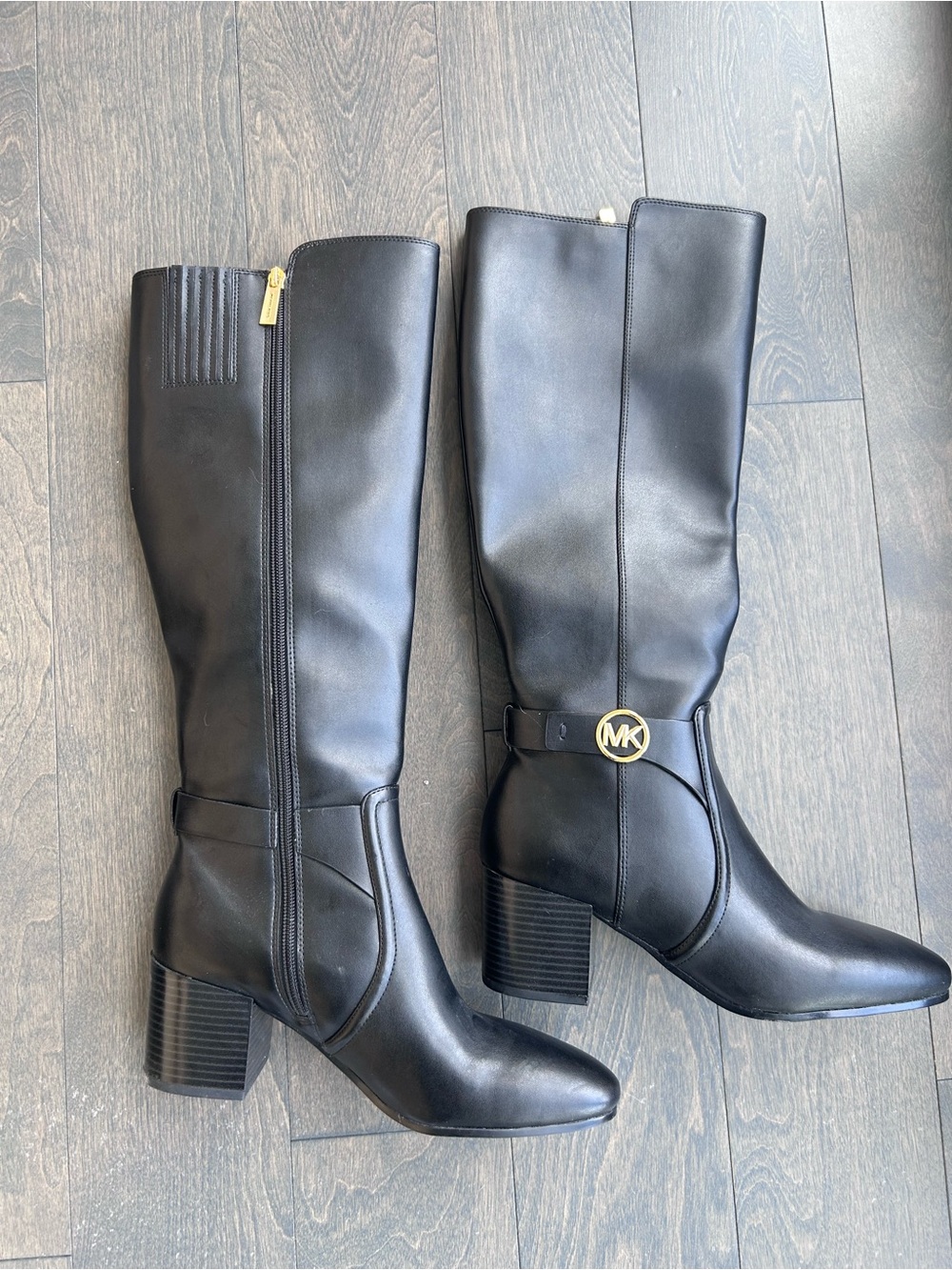 Michael Kors Black Leather Knee-High Heeled Boots with MK Logo Size 7.5